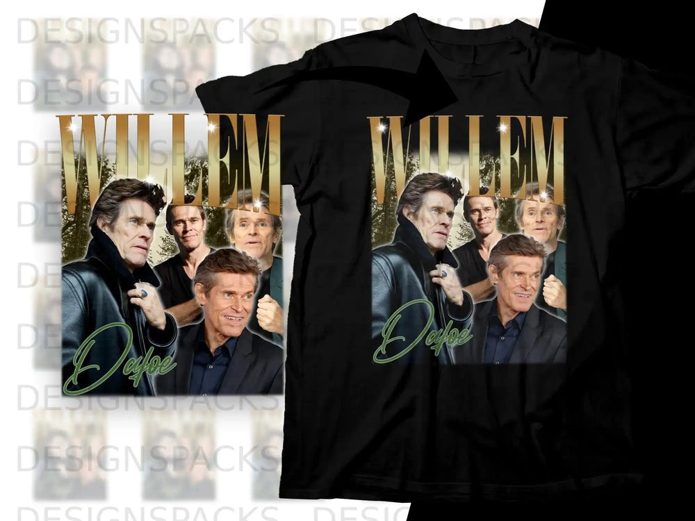 Willem Dafoe collage on black t-shirt.