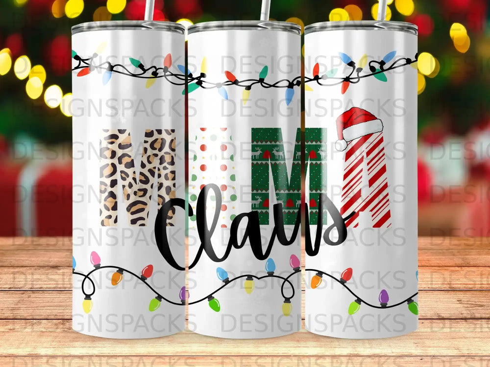 Mama Claus tumbler with Christmas lights and leopard print.
