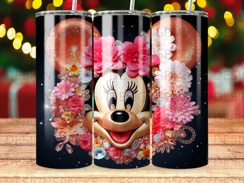 Minnie Mouse with floral and glitter accents on a dark background.