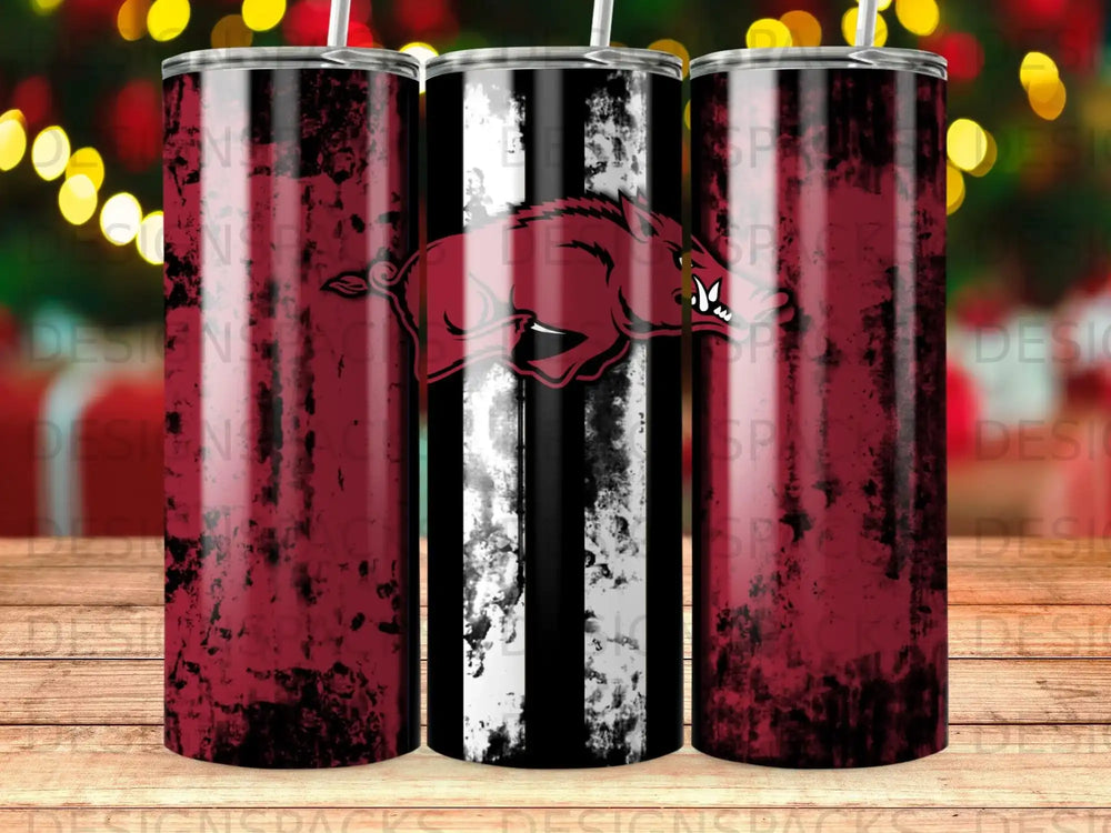 Three tumblers with a black and white striped design and a red boar logo.