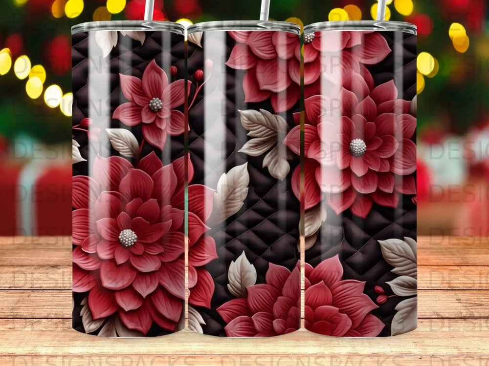Red dahlia flowers on a dark quilted background.