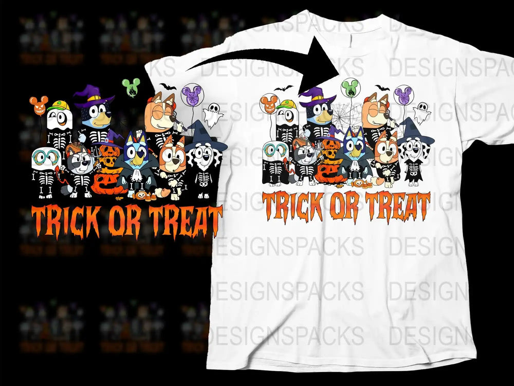 Trick or Treat Cartoon Characters Halloween T-Shirt, Cute Spooky Tee, Kids and Adult Sizes Available