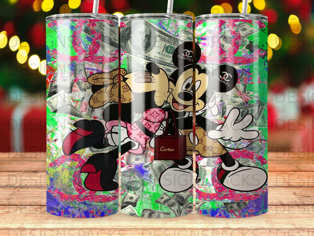 Mickey and Minnie Mouse with designer logos and money patterns.