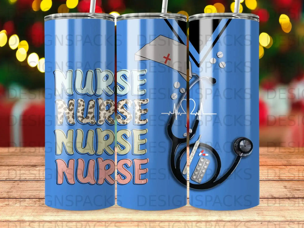 Tumbler featuring repeating "Nurse" text and medical symbols.