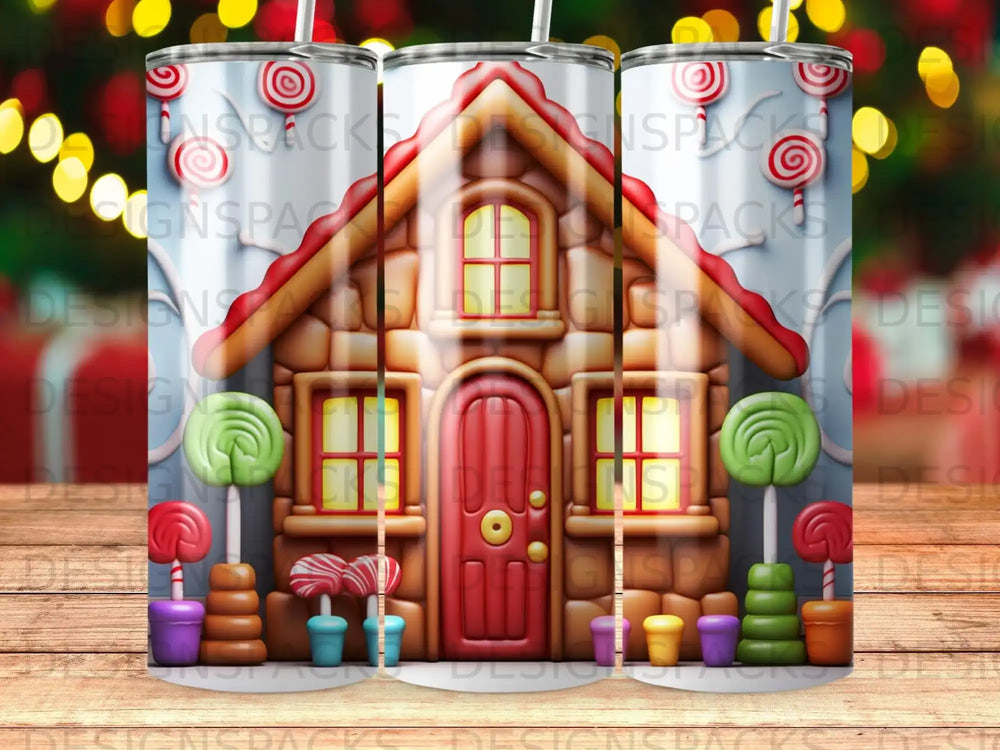 Gingerbread house with candy decorations and swirling red and white candy canes.