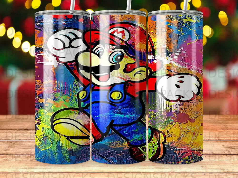 Mario character with colorful, abstract background on a tumbler.