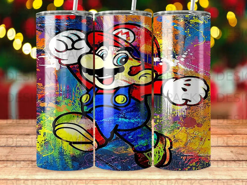 Mario character with colorful, abstract background on a tumbler.