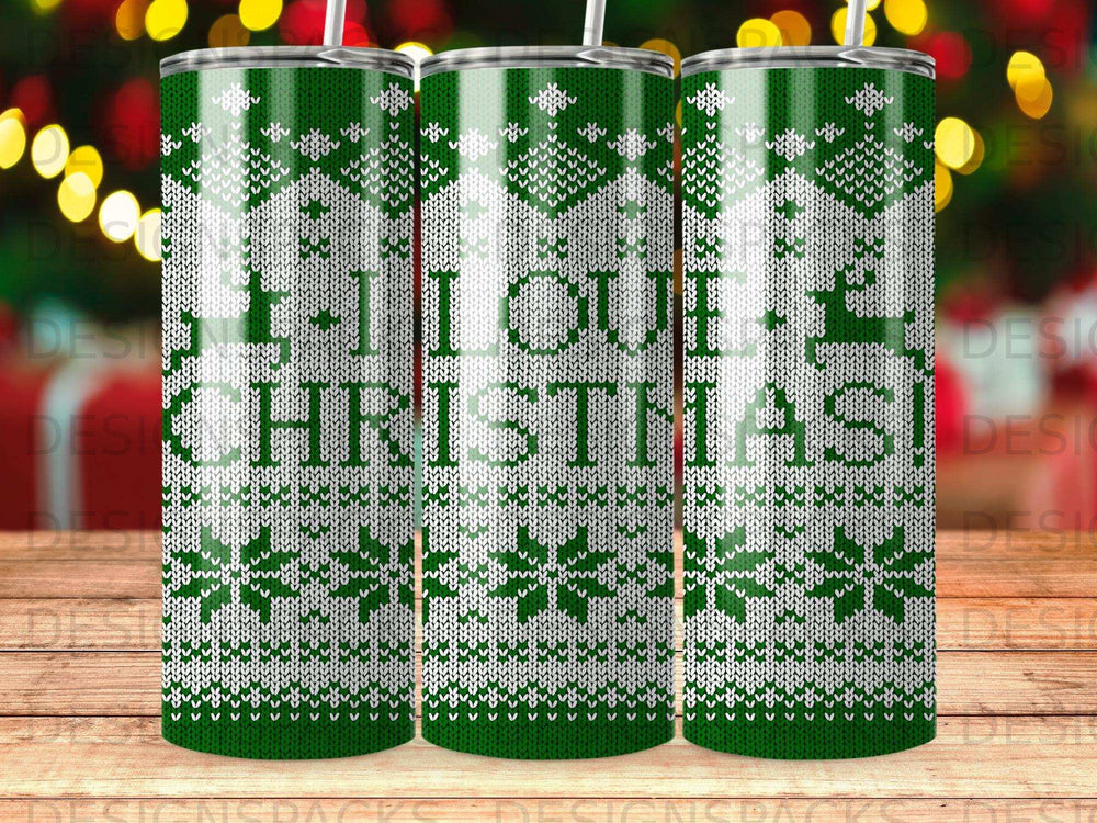 Green and white knit pattern with "I Love Christmas" text on three tumblers.