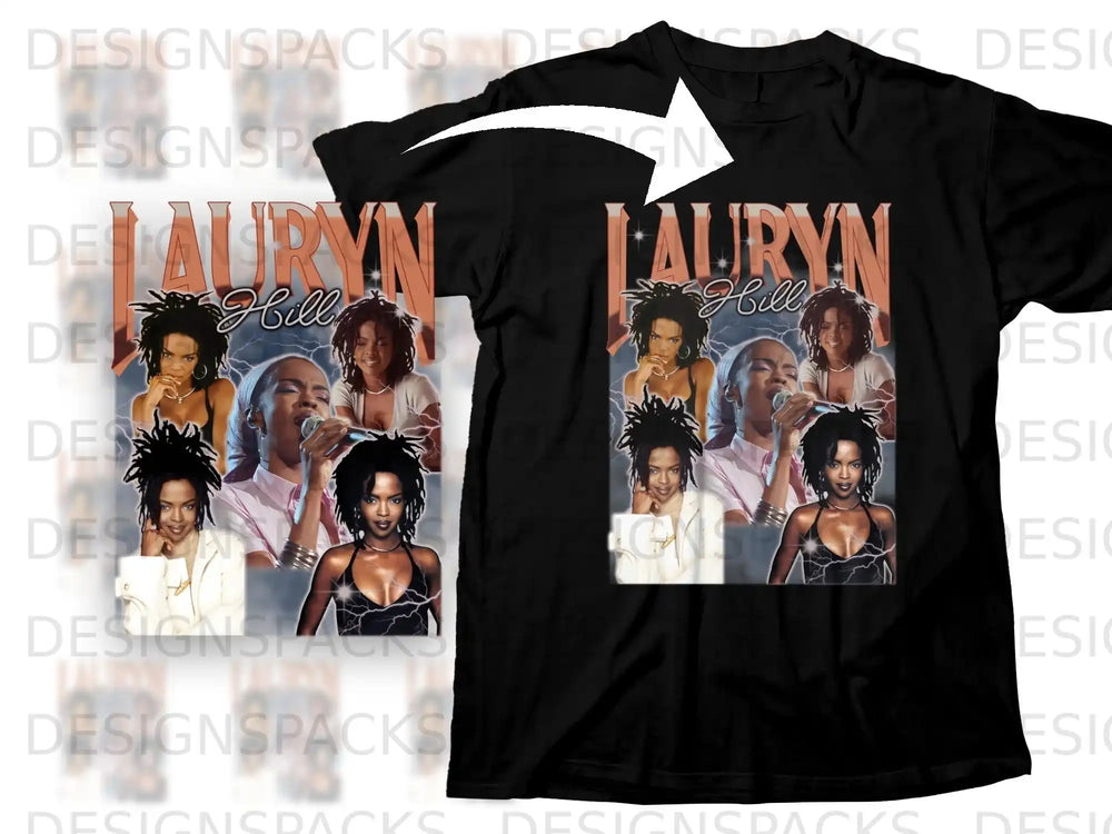 Black t-shirt with Lauryn Hill collage graphic and text.