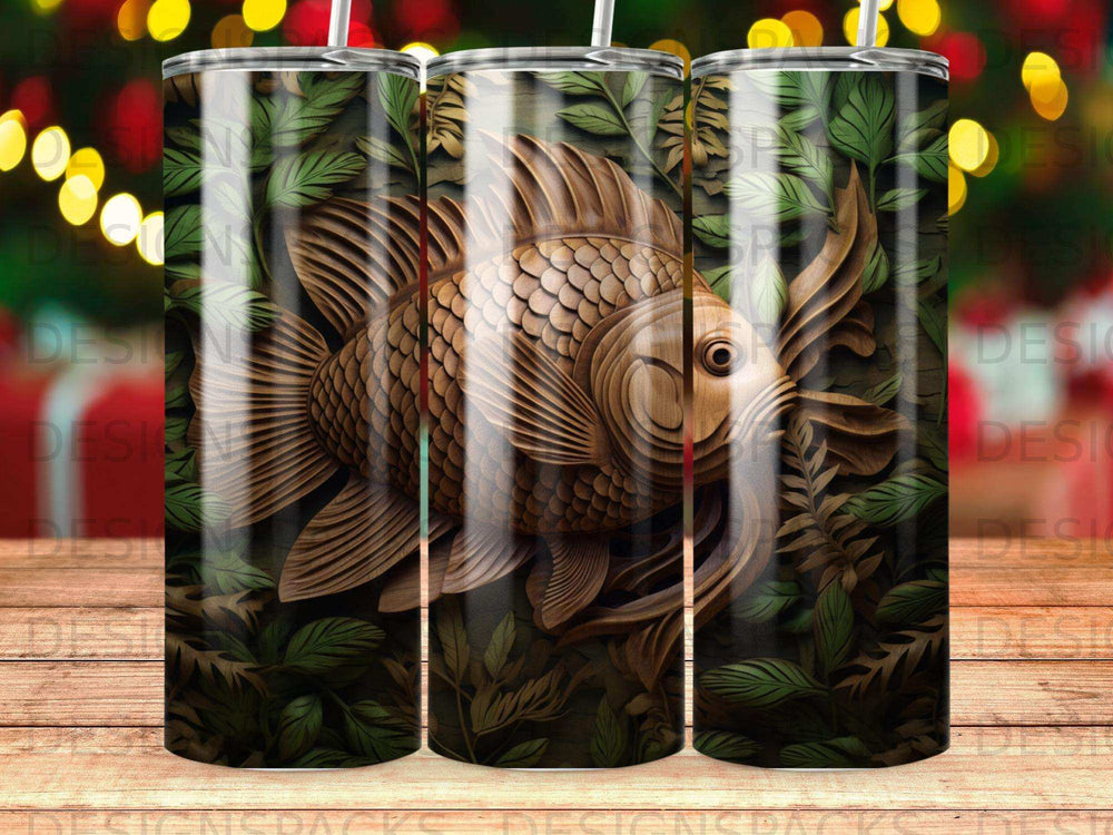 Wooden carved fish design on a dark, leafy background.