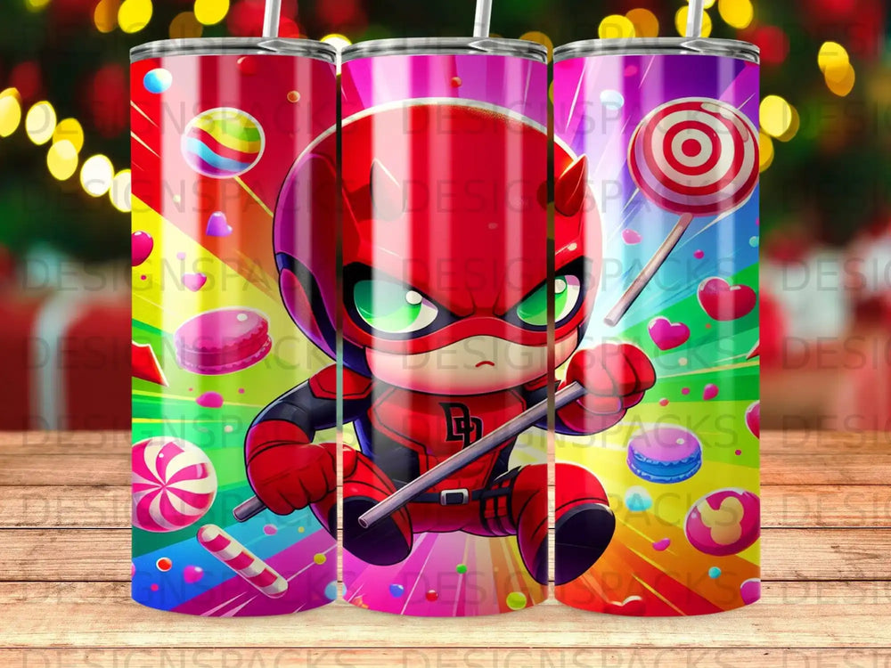 Comic book character in red and black costume holding a candy cane staff.