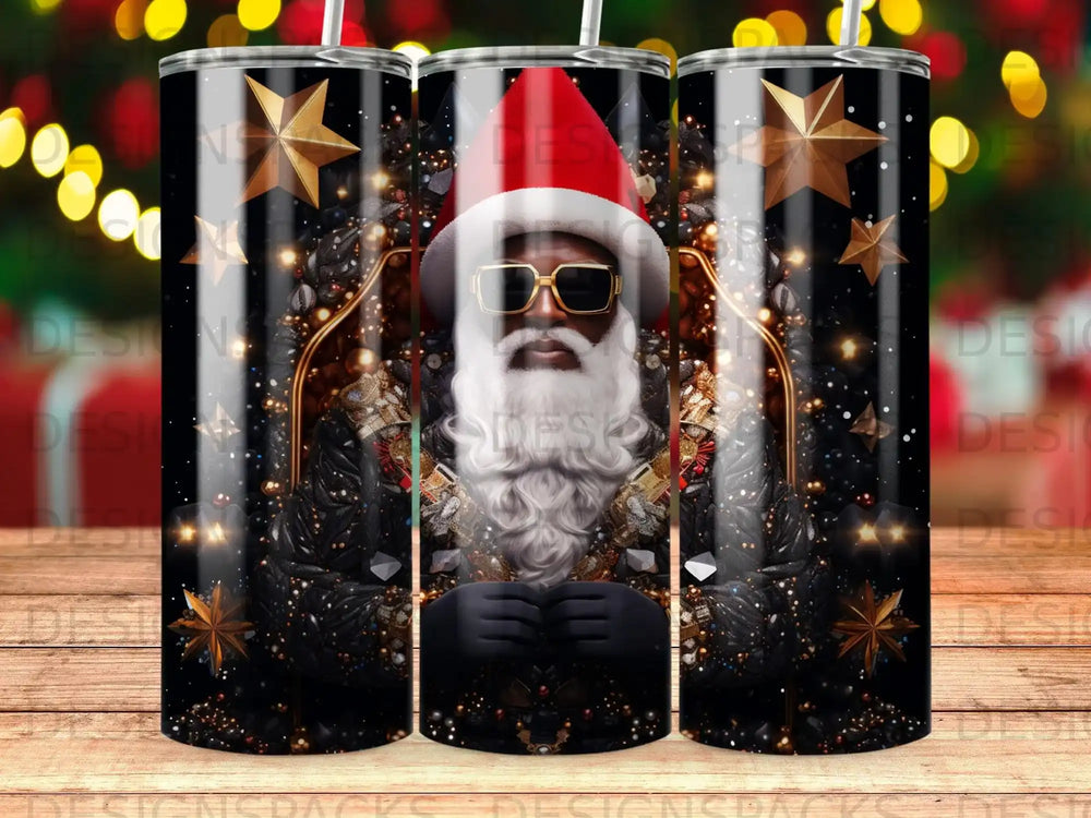 Santa Claus with sunglasses and starry background.