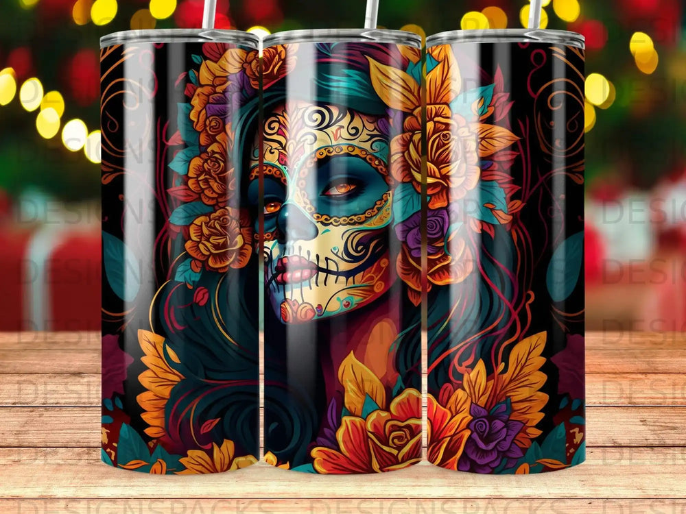 Sugar skull woman with colorful floral accents and warm bokeh background.