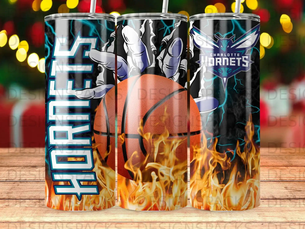 Charlotte Hornets basketball team tumbler with fiery flames and lightning.