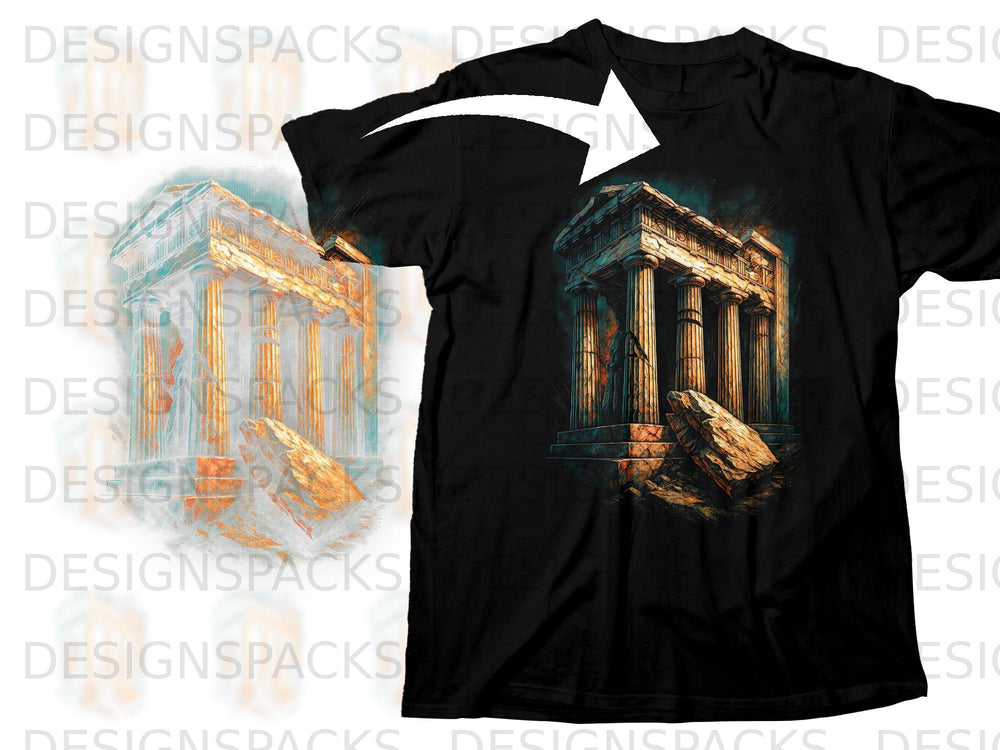 Black t-shirt featuring a colorful illustration of a Greek temple with a fallen pillar.