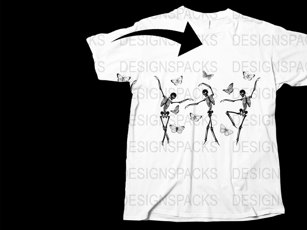 Dancing Skeletons T-Shirt Graphic Tee, Halloween Fun Costume, Black and White Print, Unisex Fashion Casual Wear