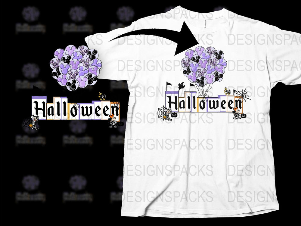 Halloween Themed T-Shirt with Purple Balloons and Festive Graphics Design Unisex Fashion