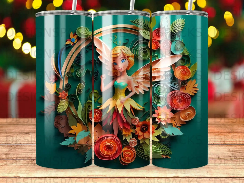 Fairy with colorful flowers and swirling paper cutouts on a green background.