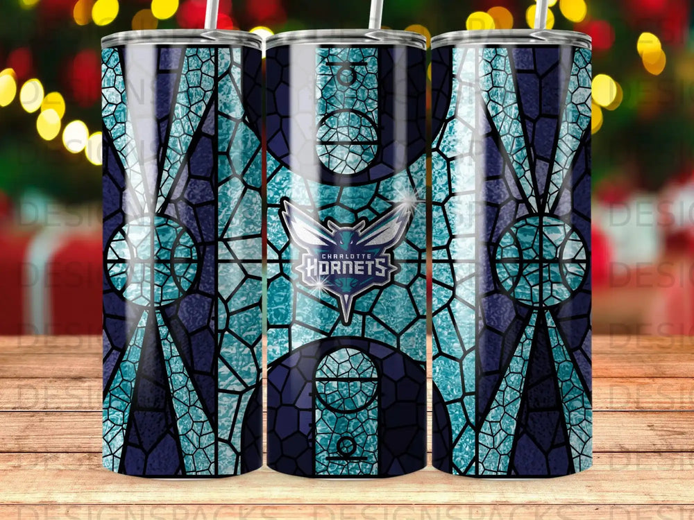 Charlotte Hornets stained glass tumbler with team logo.