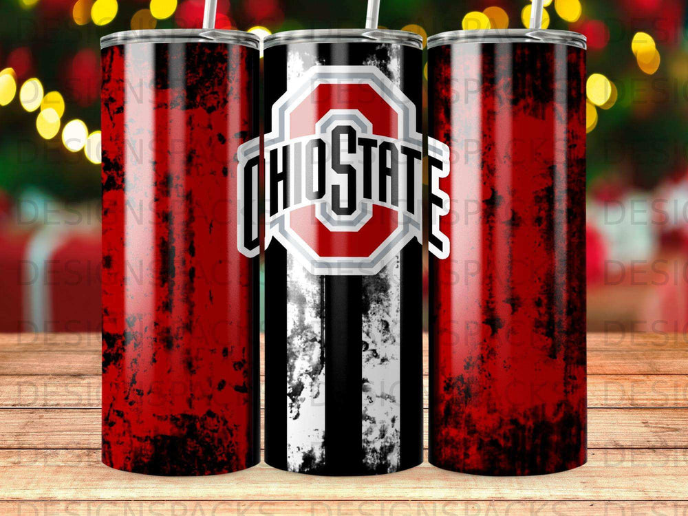 Ohio State Buckeyes logo on a black and red striped tumbler.