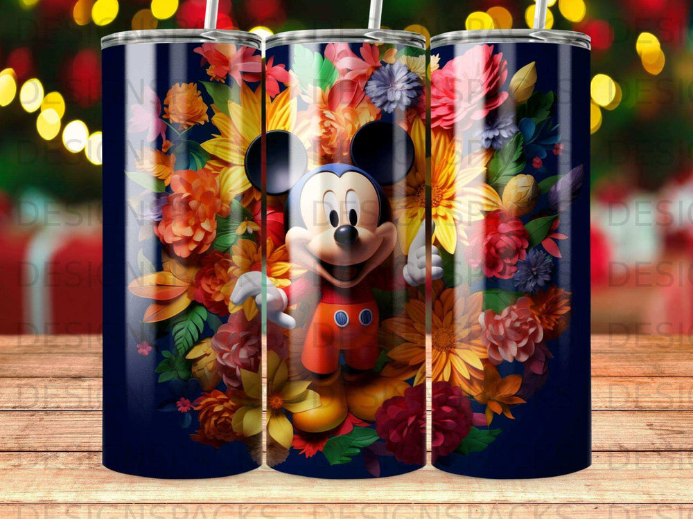 Mickey Mouse surrounded by a vibrant floral arrangement on a dark blue tumbler.