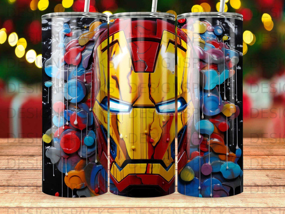 Iron Man mask on a tumbler with colorful drips and bokeh lights.