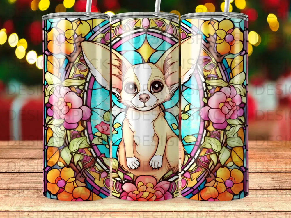 Chihuahua in stained glass, surrounded by floral elements and bokeh lights.