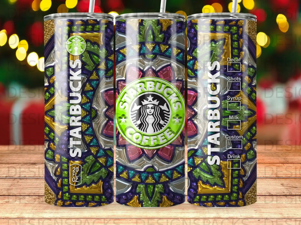 Starbucks tumbler with a mandala design and coffee drink options listed.
