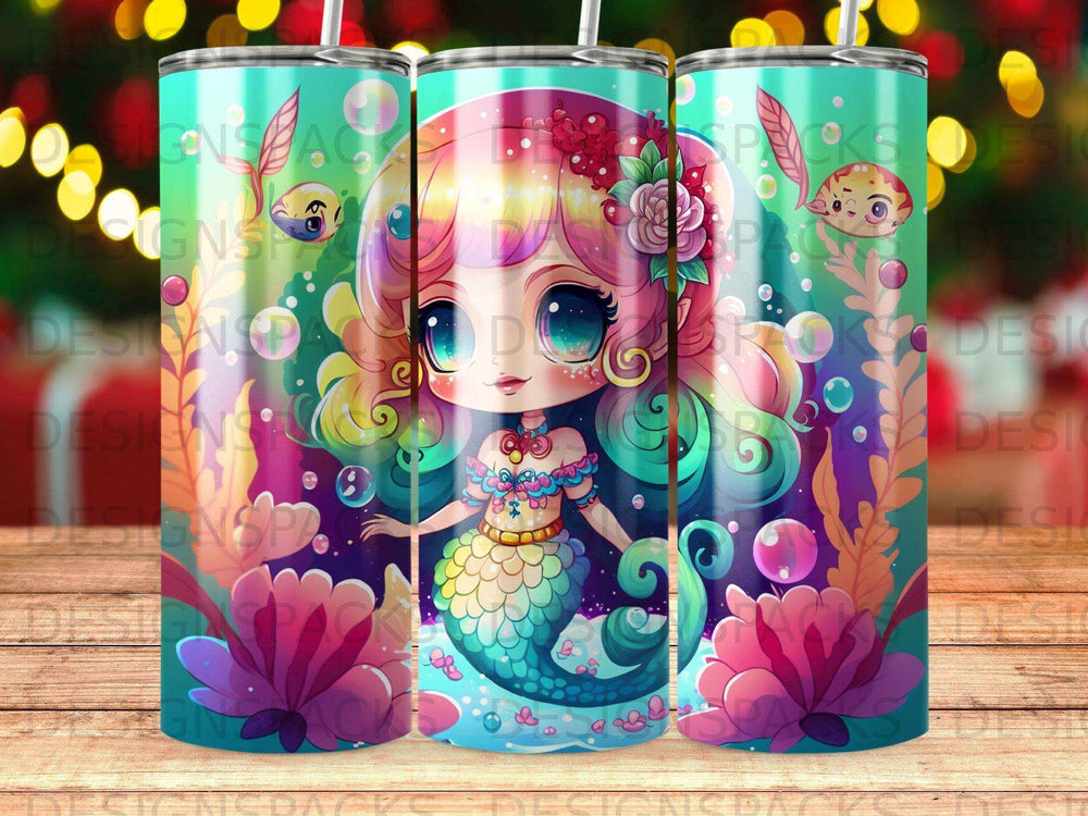Cute cartoon mermaid with colorful hair and tail on a teal background.