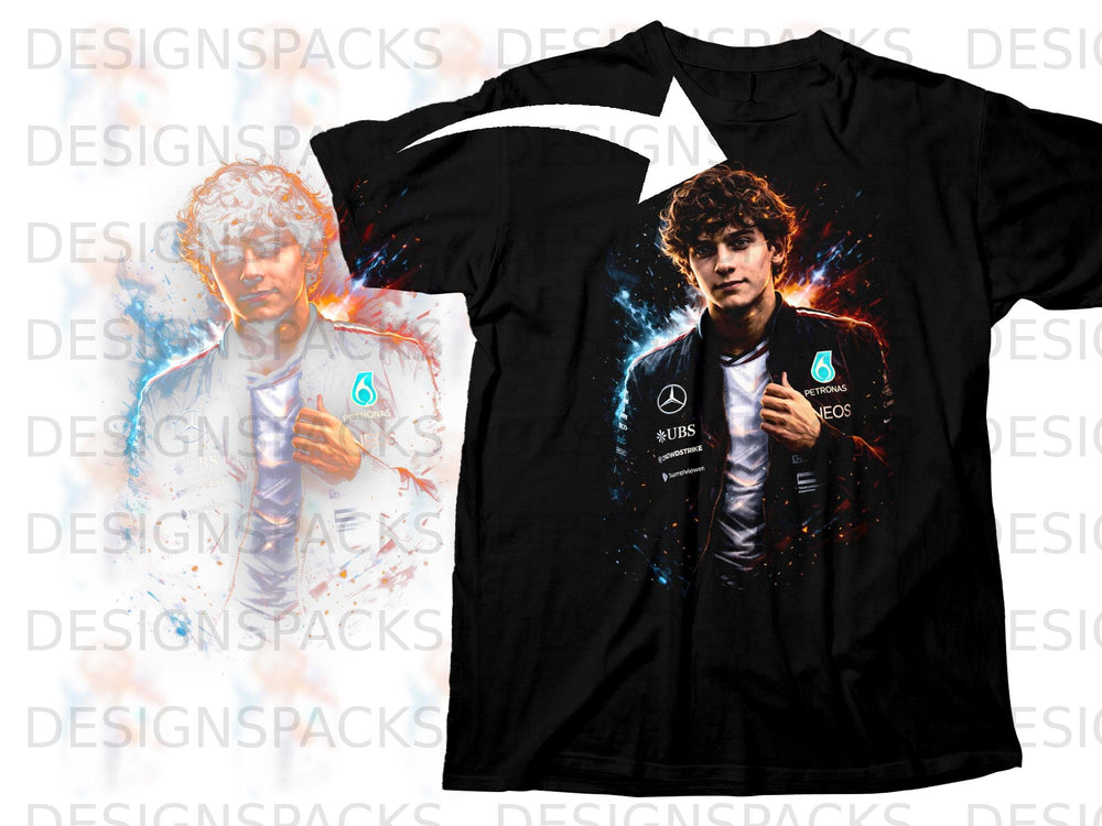 Black t-shirt with a graphic of a young man in racing attire.