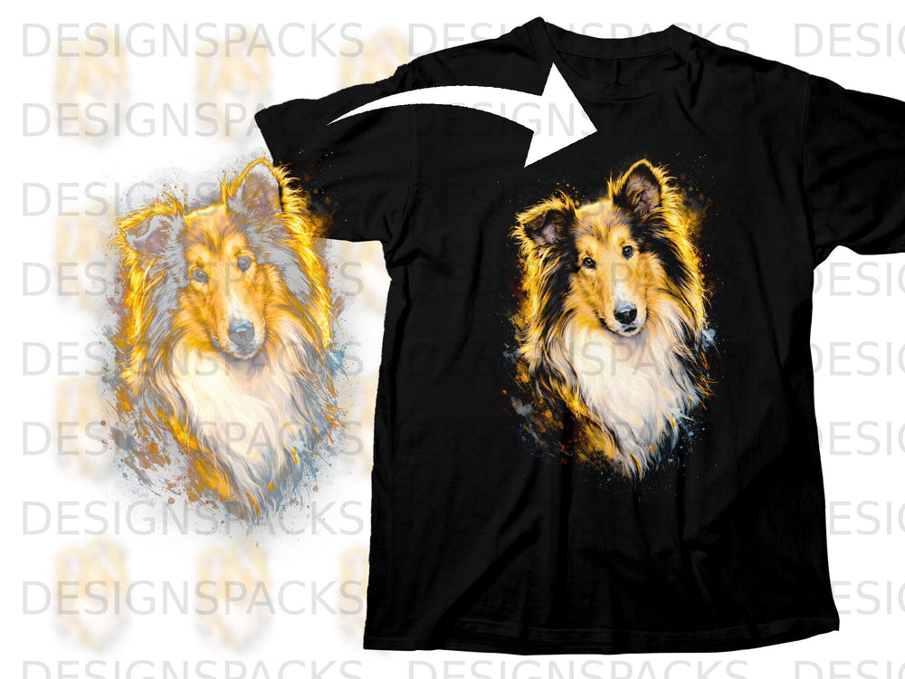 Black t-shirt with a watercolor painting of a Collie dog's face.