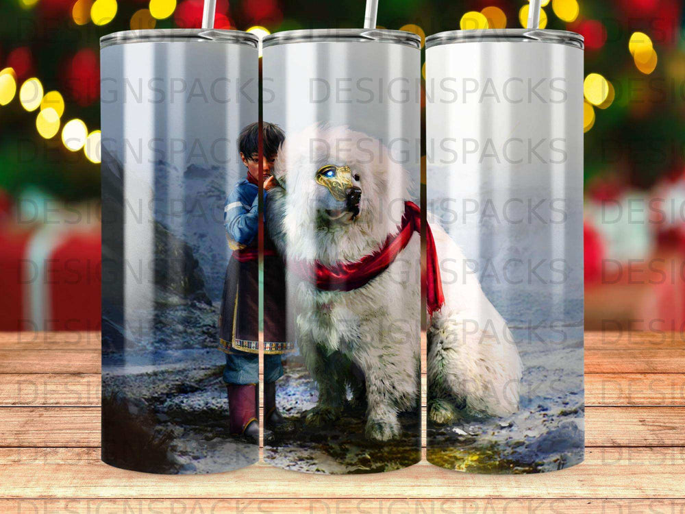 Boy with white wolf wearing red scarf against blurry festive background.