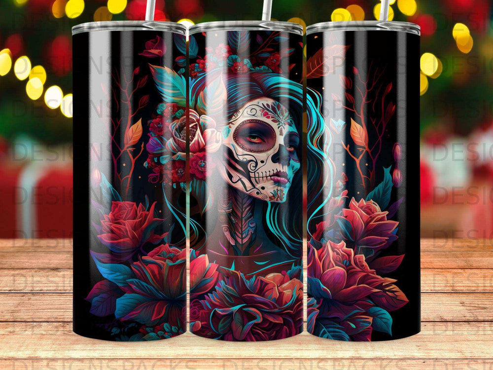 Sugar skull woman with colorful floral accents on a black background.
