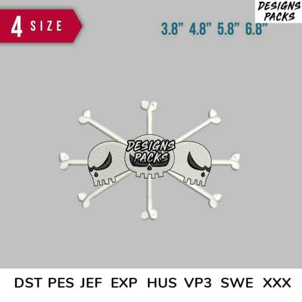 Embroidery design with three skulls and crossbones, available in 4 sizes and multiple formats including PES, DST, JEF