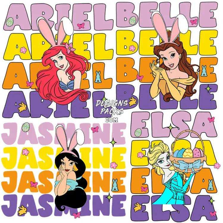 4 Cartoon Easter Day Princess Designs Bundle Png