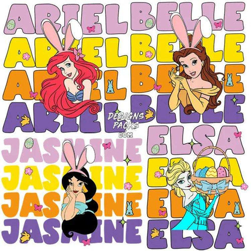 4 Cartoon Easter Day Princess Designs Bundle Png
