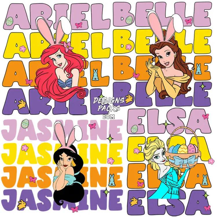 4 Cartoon Easter Day Princess Designs Bundle Png