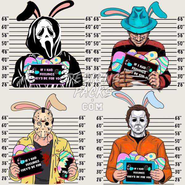 Horror movie characters in bunny ears with Easter eggs, mugshot style — perfect for DTF, DTG, embroidery designs