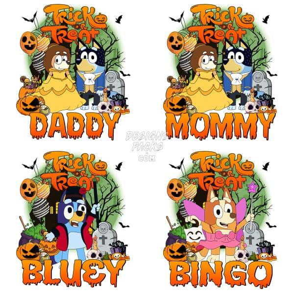 4 Family Dog Halloween Cartoon Designs Bundle PNG designspacks