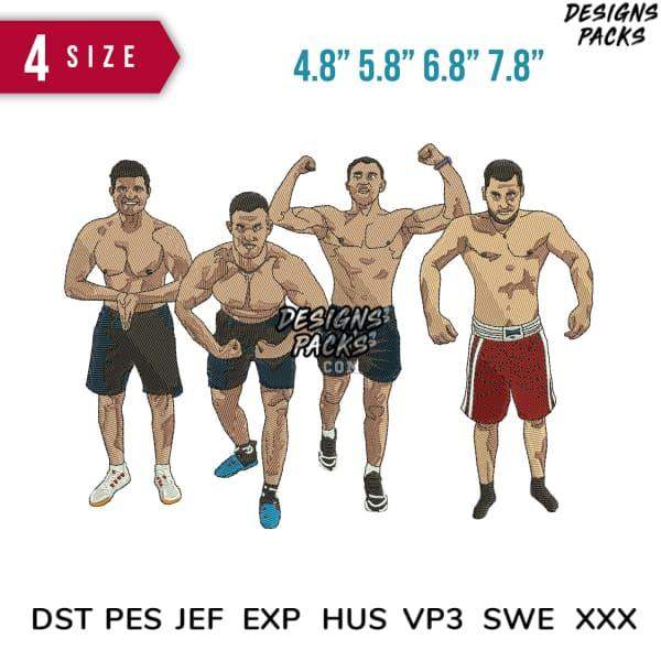 Four muscular men in athletic shorts, showcasing embroidery designs in multiple sizes and formats.