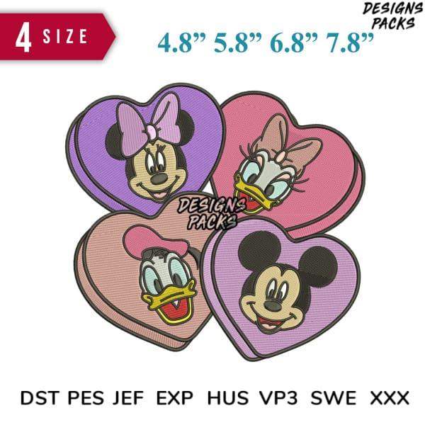 Heart-shaped embroidery designs featuring Mickey, Minnie, and Daisy in 4 sizes, compatible with DST, PES, JEF formats.