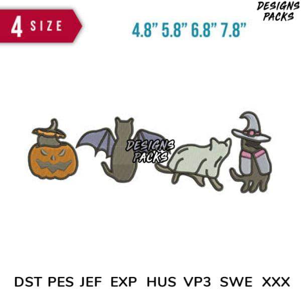 Halloween embroidery designs: pumpkin, bat, cat, witch hat in 4 sizes, PES DST JEF formats