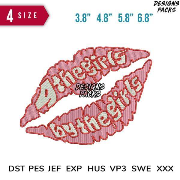 Pink lips embroidery design with 'by the girls' text, available in 4 sizes & multiple formats