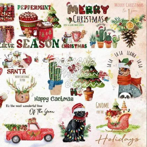 Festive Christmas designs with cacti, Santa, and holiday phrases for DTF/DTG and embroidery