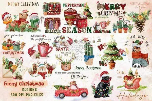 Funny Christmas designs with cats, cacti, and holiday text for DTF/DTG and embroidery projects