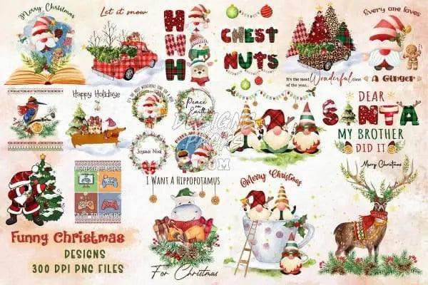 Funny Christmas designs bundle with gnomes, reindeer, and holiday text for DTF/DTG printing
