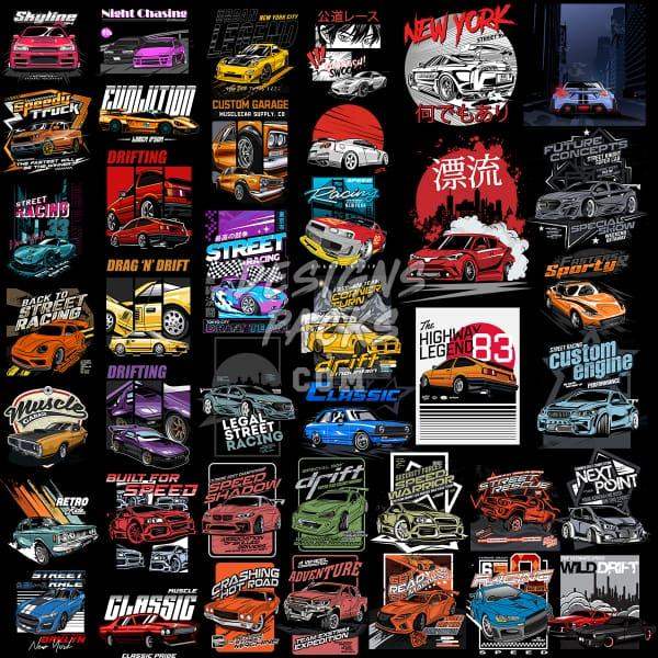 Car racing designs bundle for DTF/DTG, embroidery, and tumbler wraps with vibrant graphics and themes
