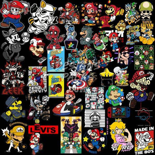 Mario-themed DTF/DTG & embroidery designs bundle with print-ready PNG, SVG, PES for instant download
