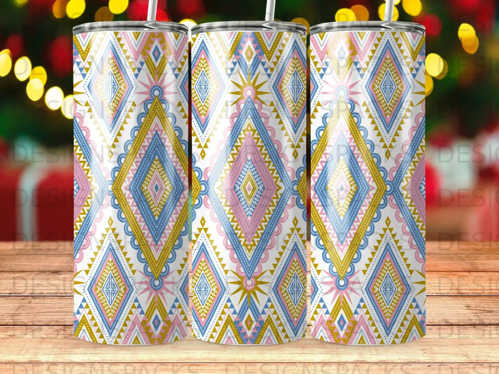 Tumbling tumbler cups with a geometric diamond pattern in pink, blue, and gold.