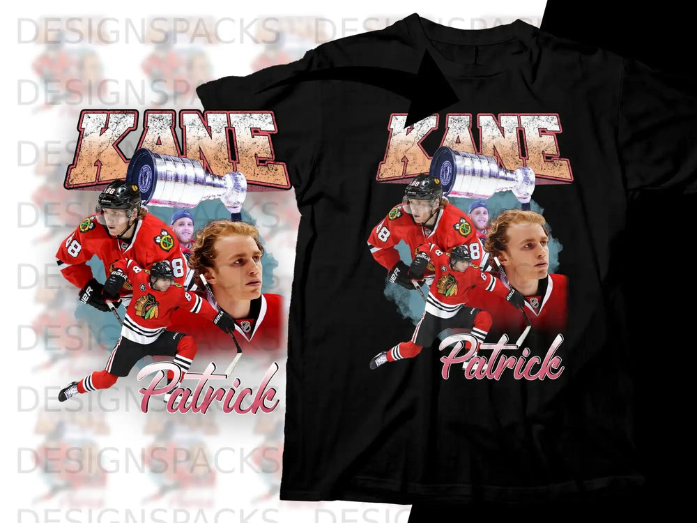 Patrick Kane hockey jersey with "KANE" and Stanley Cup graphics.
